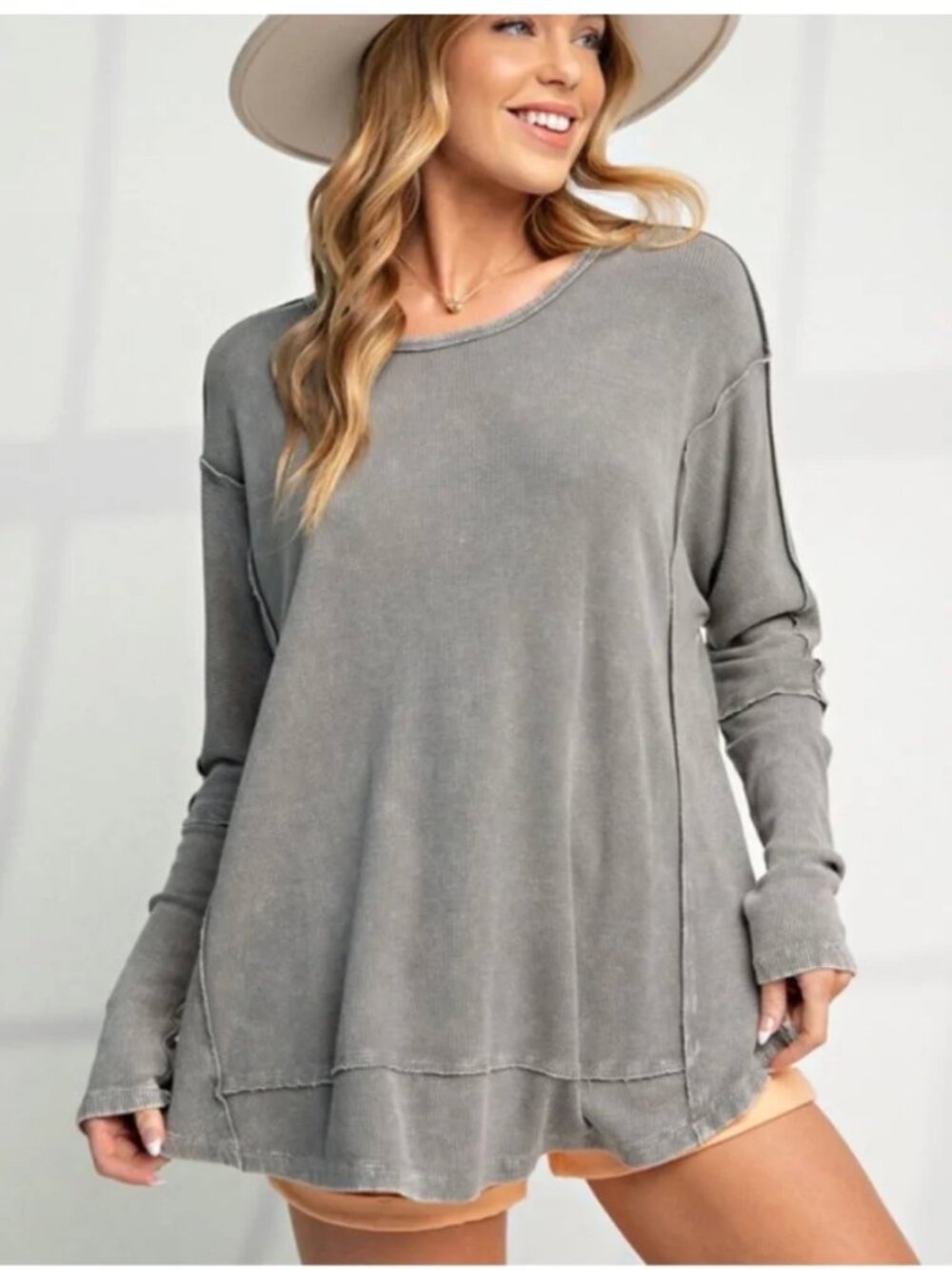 EASEL Gray Mineral Wash Ribbed Long Sleeve Top sz M